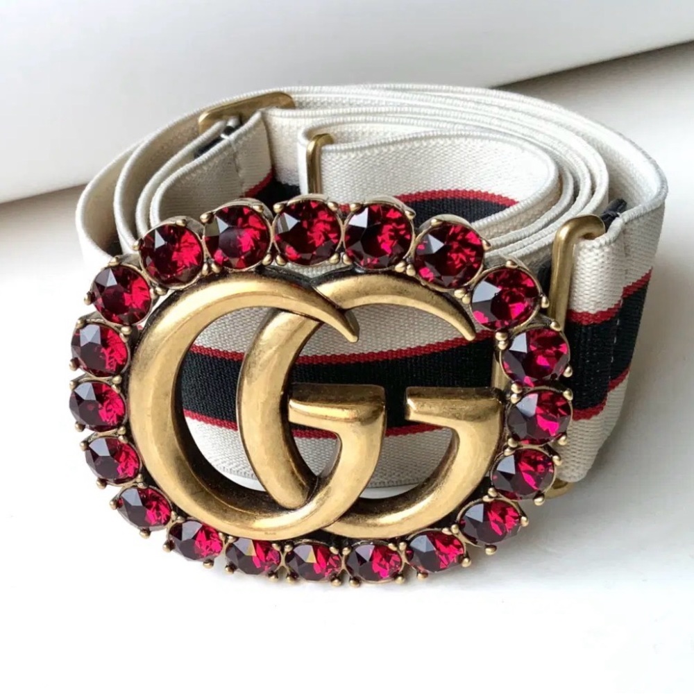 Gucci Beige Elastic Belt with Red & Black Web and Crystal GG Buckle